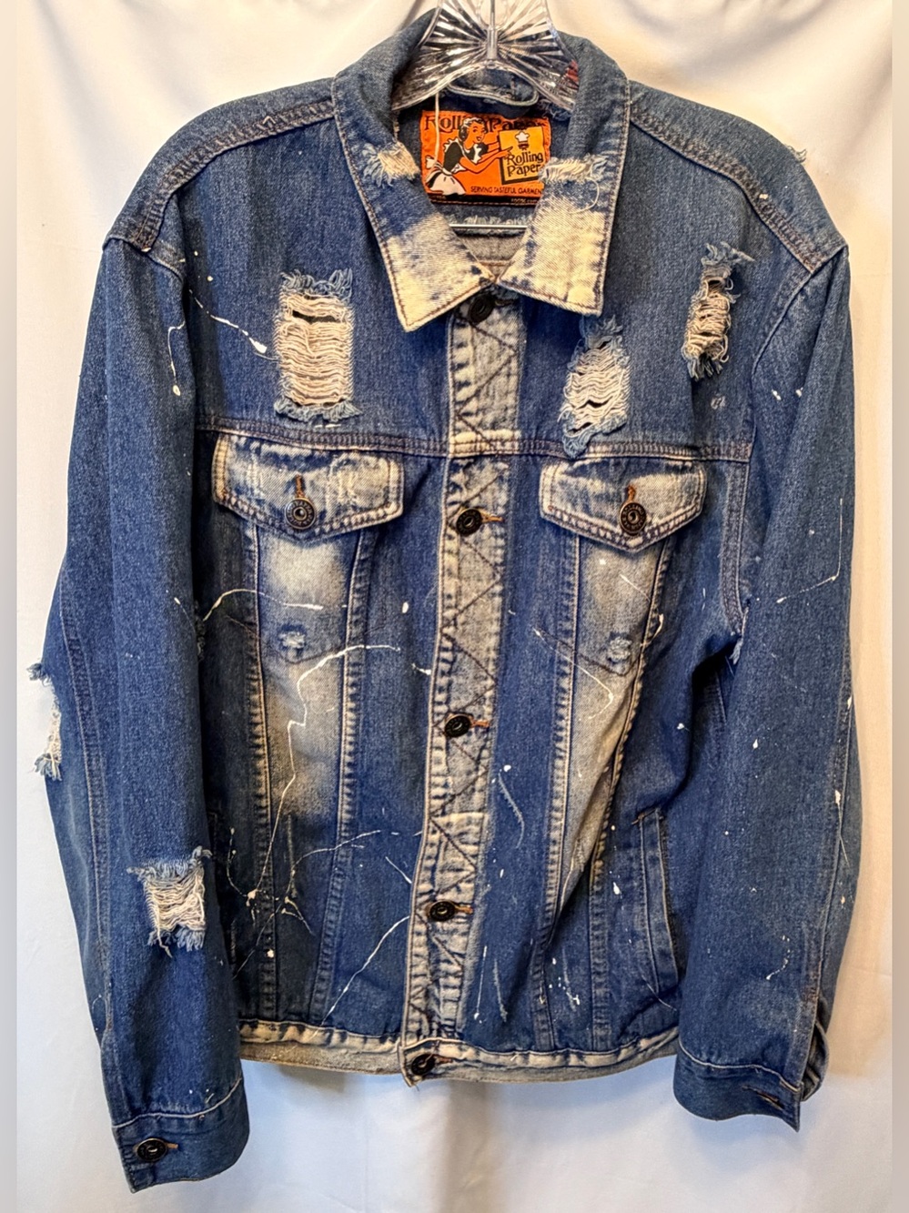 Rolling Paper Size Large Distressed Denim Jean Jacket Paint Splatter Design Blue